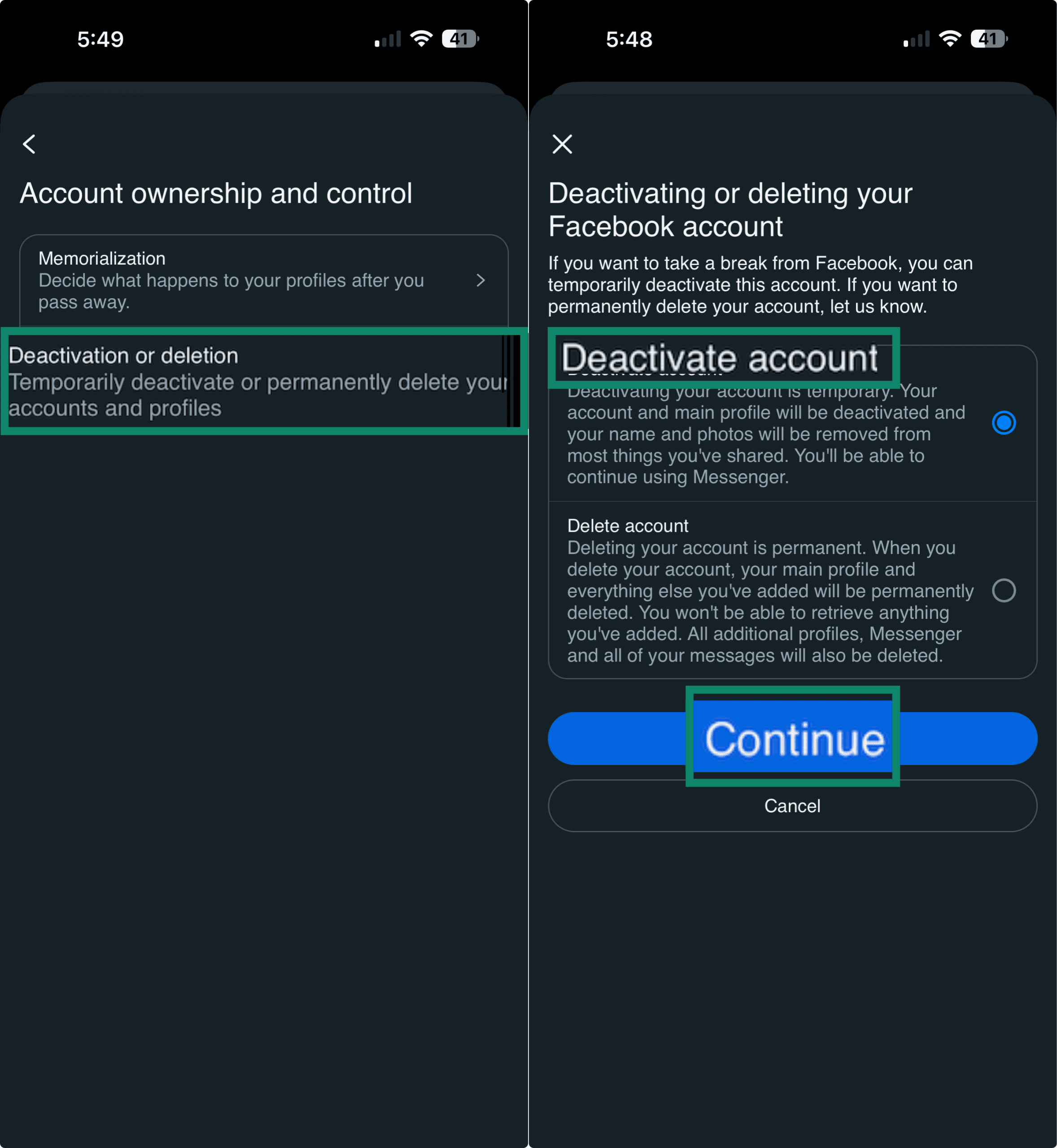 Option permettant de désactiver son compte Facebook dans les paramètres.