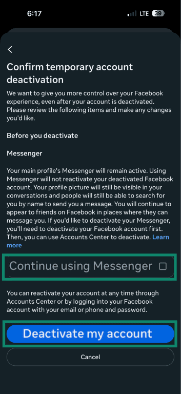 How to deactivate a Facebook account.