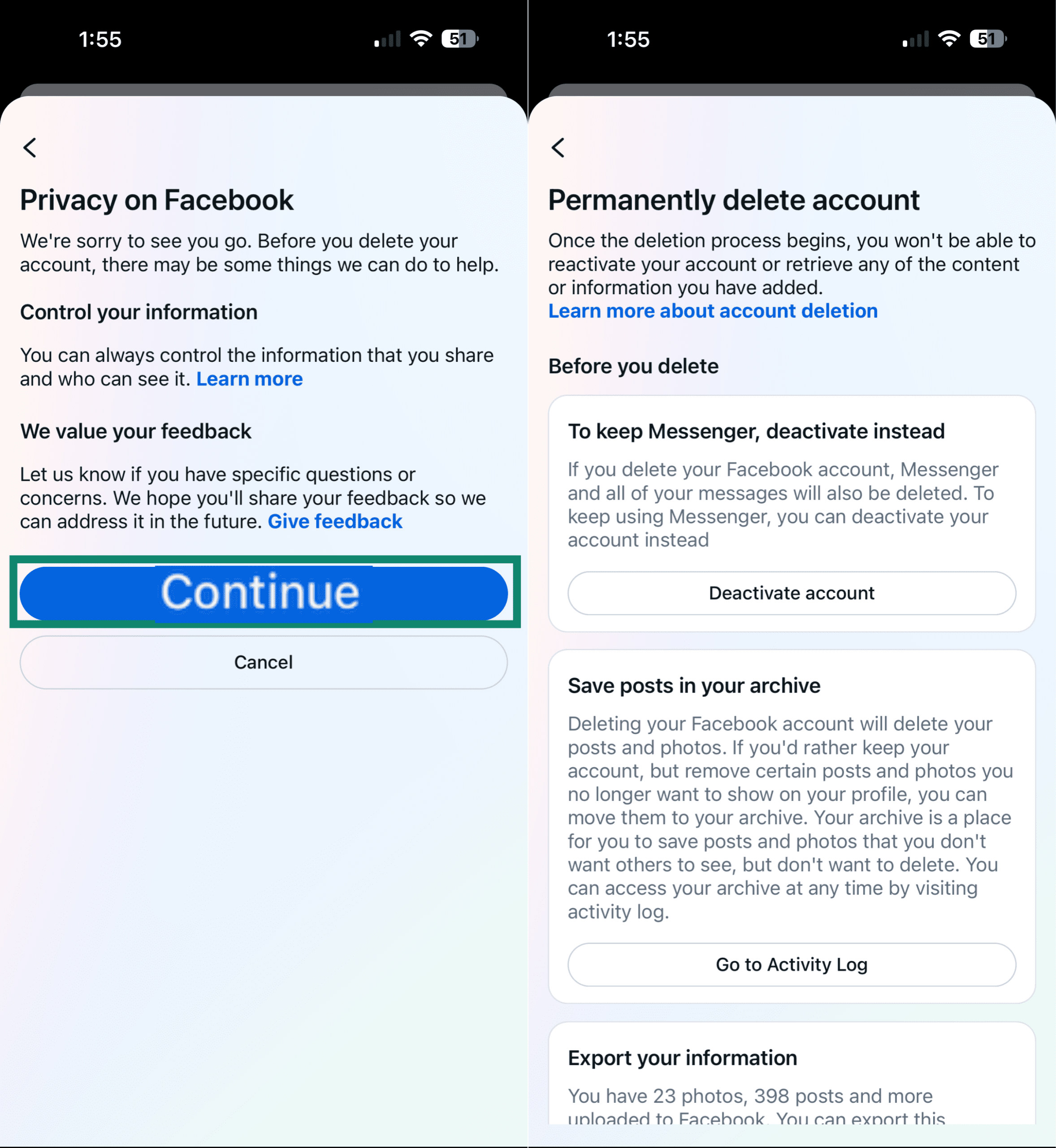 La page Supprimer définitivement votre compte de Facebook.