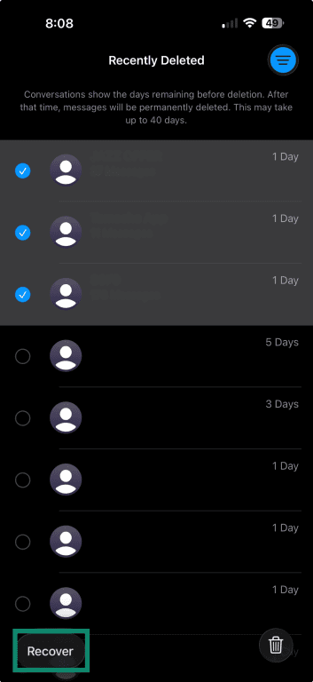 Recovering deleted messages from the Recently Deleted folder on an iPhone.