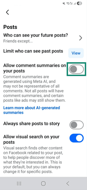 Disabling AI comment summaries on Facebook posts.