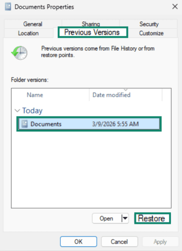 "Previous version" section and "Restore" button highlighted for a previous version of a folder in Windows 11.
