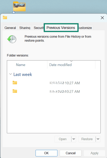 An example of the Restore previous versions window.
