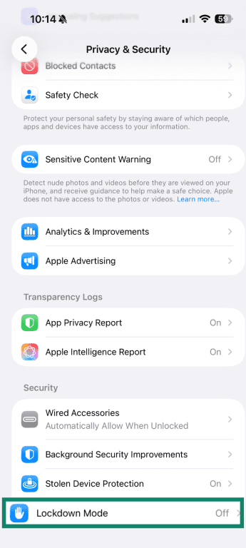 Lockdown Mode settings on iPhone.