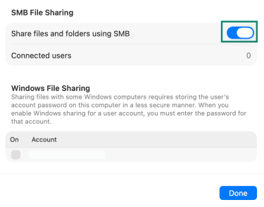 The file sharing options menu, showing the toggle switch to enable sharing files and folders using SMB.