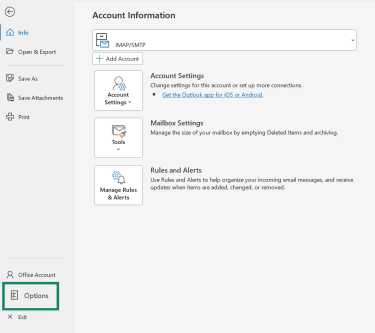 Outlook Account Information screen with Options highlighted.