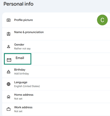 Google Account Personal info page with Email highlighted