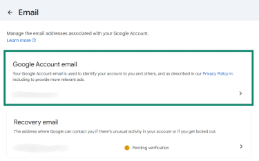 Google account email option highlighted in Google Account settings.