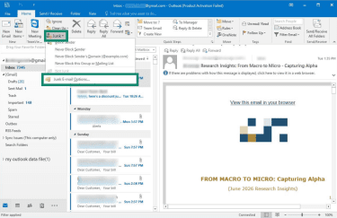 How to access the junk email options from the Home tab in classic Outlook for Windows