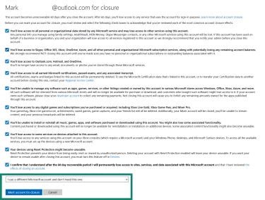 Microsoft account closure checklist with Mark account for closure highlighted.