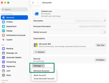 Removing the Outlook account on Mac.