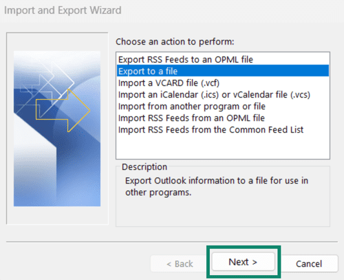 Import and Export Wizard with Export to a file selected.