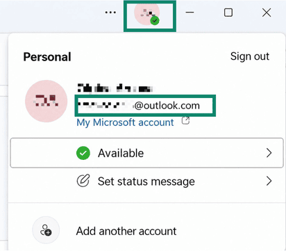 The Profile dropdown in a Microsoft Teams account on desktop, with a highlighted email address.