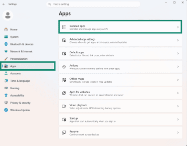 Apps screen within Windows Settings with Installed Apps highlighted.