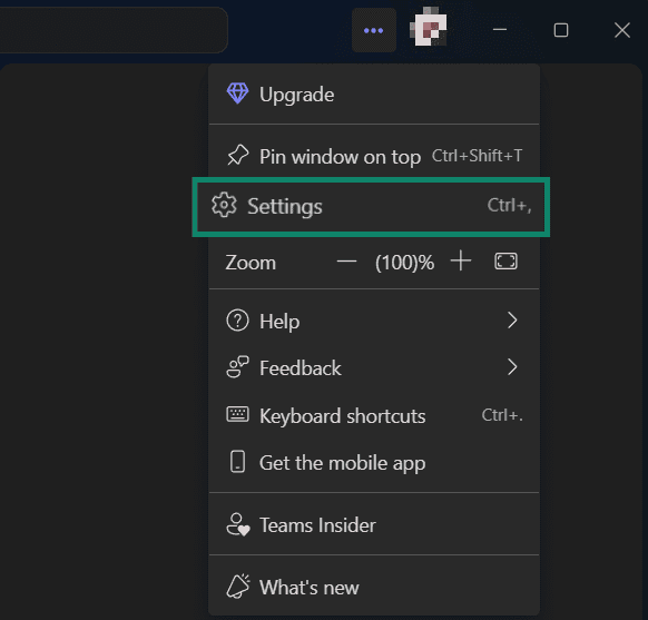 Microsoft Teams on Windows with the main options menu visible and a highlight over Settings.
