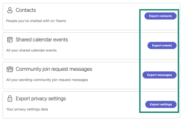 Microsoft's Teams' online interface for exporting chats, calendar events, join requests, and privacy settings.