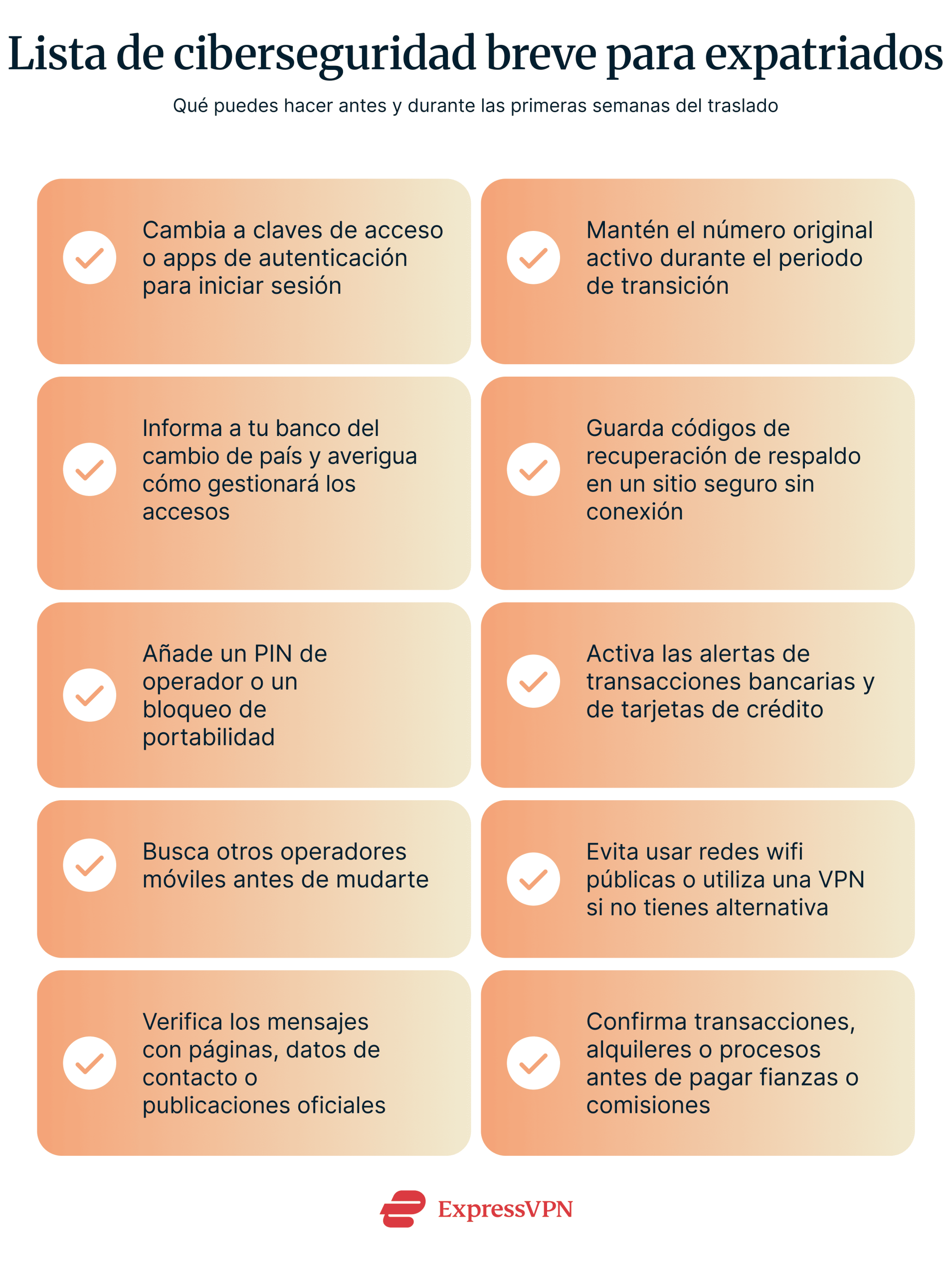 Cybersecurity checklist for expats for before and during the first few weeks of moving abroad: using passkeys or app-based authentication for logins, coordinating with your home bank, enabling port freeze on your old SIM, researching new carrier options, using a VPN on public Wi-Fi, and staying cautious of potential scams