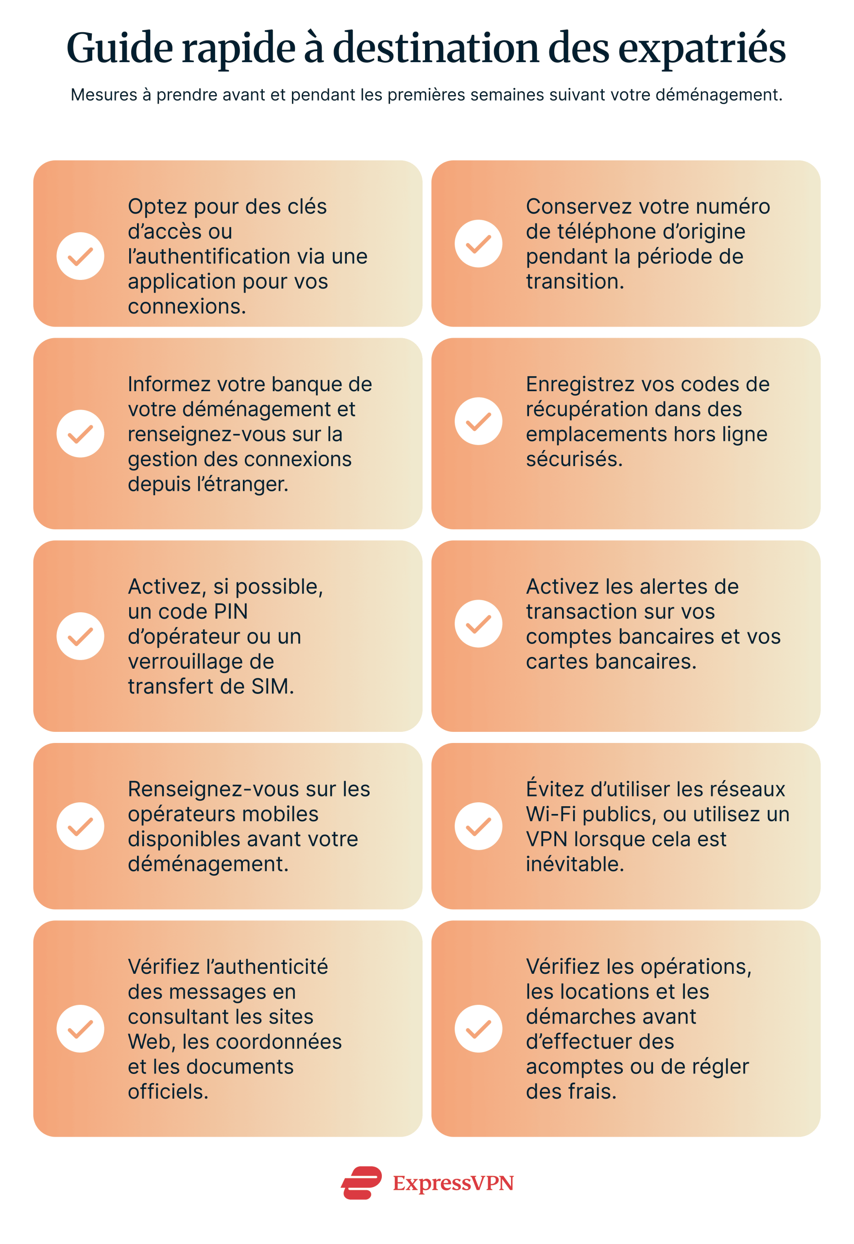 Cybersecurity checklist for expats for before and during the first few weeks of moving abroad: using passkeys or app-based authentication for logins, coordinating with your home bank, enabling port freeze on your old SIM, researching new carrier options, using a VPN on public Wi-Fi, and staying cautious of potential scams