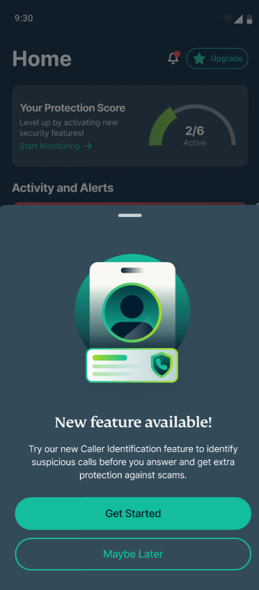 Identity Defender pop-up introducing Caller Identification to help identify suspicious calls before you answer.