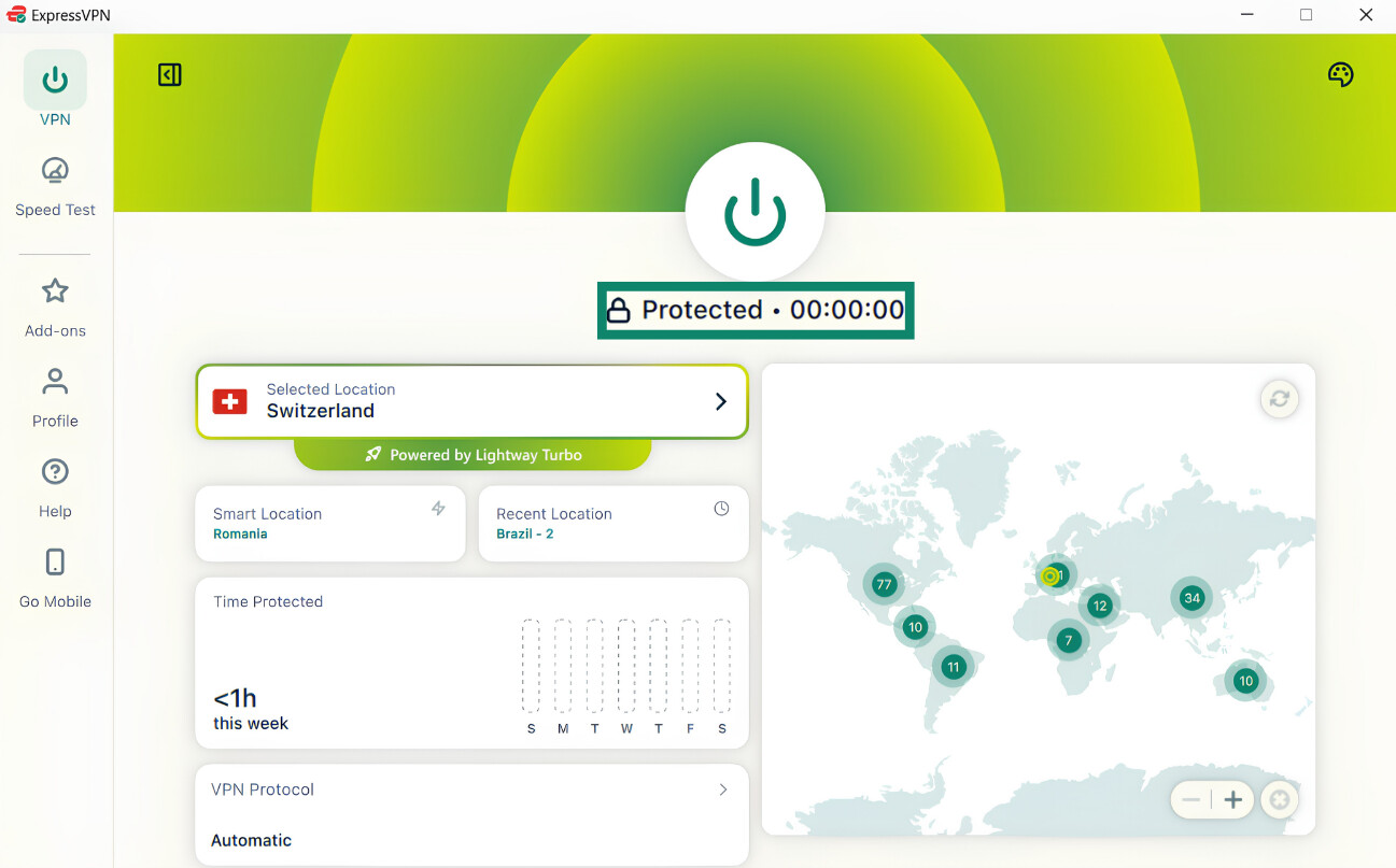 ExpressVPN Windows app showing the "Protected" status.