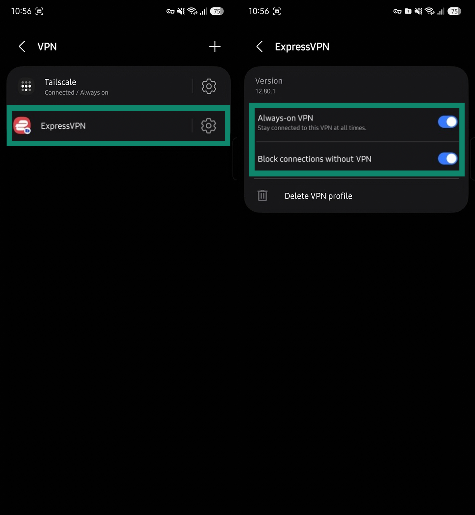 Turning on the Advanced Internet Kill Switch on the ExpressVPN Android app.