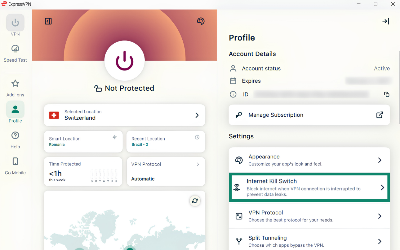 ExpressVPN Windows app showing the "Internet Kill Switch" option highlighted in the menu.
