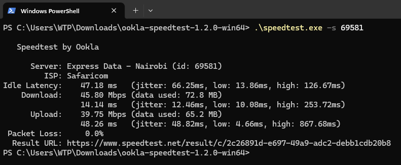 Running Speedtest CLI using PowerShell with VPN off.