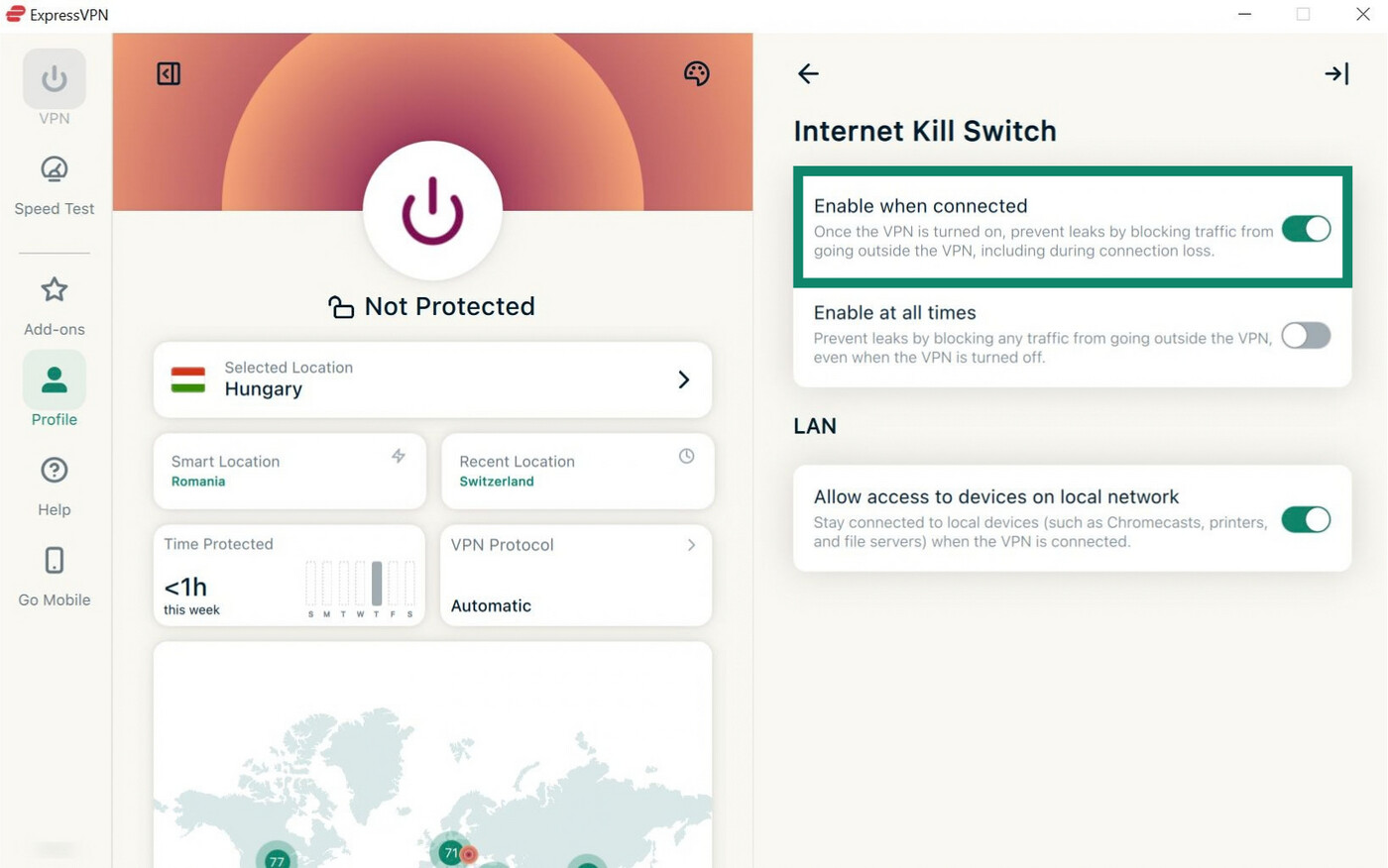 ExpressVPN Windows app interface, showing the kill switch settings. The "Enable when connected" option is highlighted.