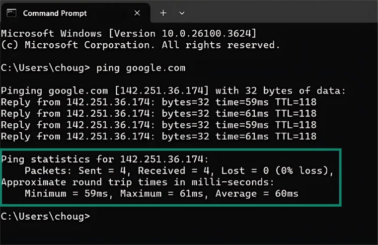 Running ping in Command Prompt with VPN on.