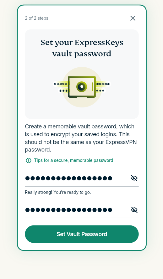 ExpressKeys Chrome extension interface, showing the vault password creation screen.