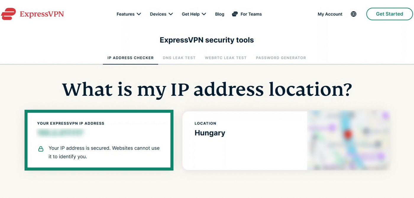 ExpressVPN IP checker tool page, showing a highlighted IP address.