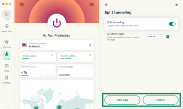 ExpressVPN macOS app Split tunneling screen with Add App and Add IP highlighted.
