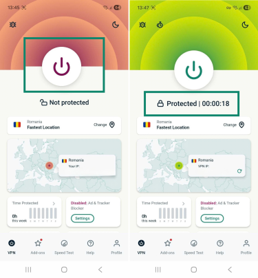 ExpressVPN Android app disconnected, with the power button highlighted and the Android app screen showing ExpressVPN connected to the Fastest Location.