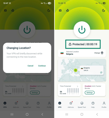 Android ExpressVPN app with the change location confirmation prompt highlighted and the app screen showing Protected status.
