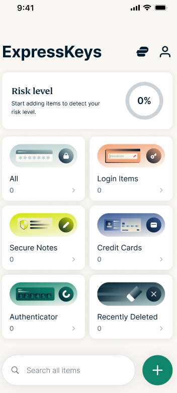 ExpressKeys browser extension dashboard showing risk level and categories for logins, secure notes, credit cards, and authenticator codes.