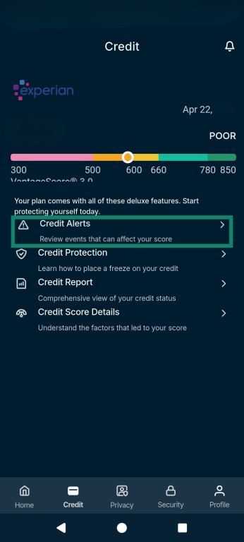 The Identity Defender Credit tab, highlighting the Credit Alerts field.