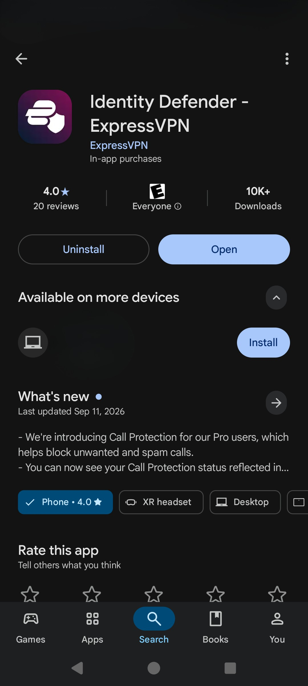 The Identity Defender Play Store page.