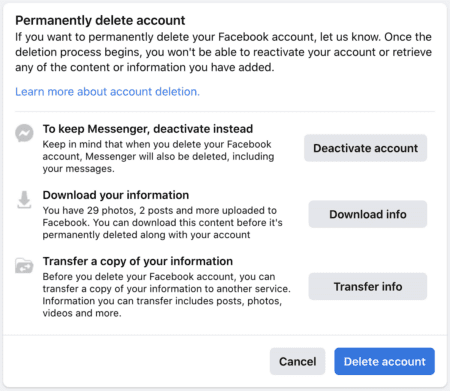 Página para eliminar cuenta de Facebook.