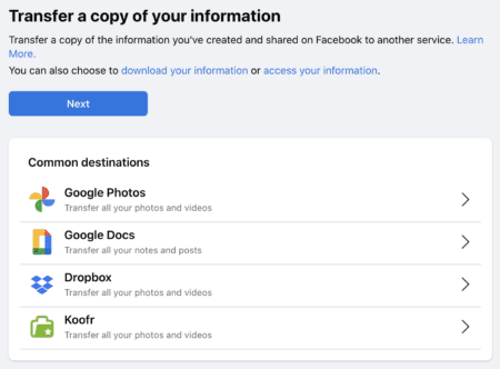 Transferencia de su información en Facebook.