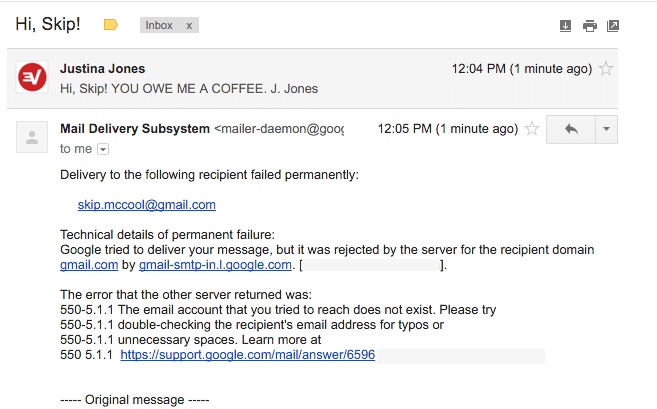 Gmail showing a bounced email. 