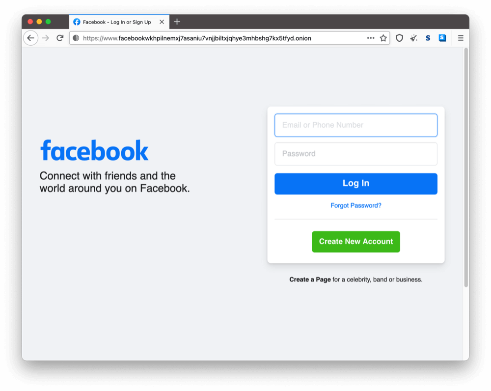 Site onion de Facebook sur le dark web