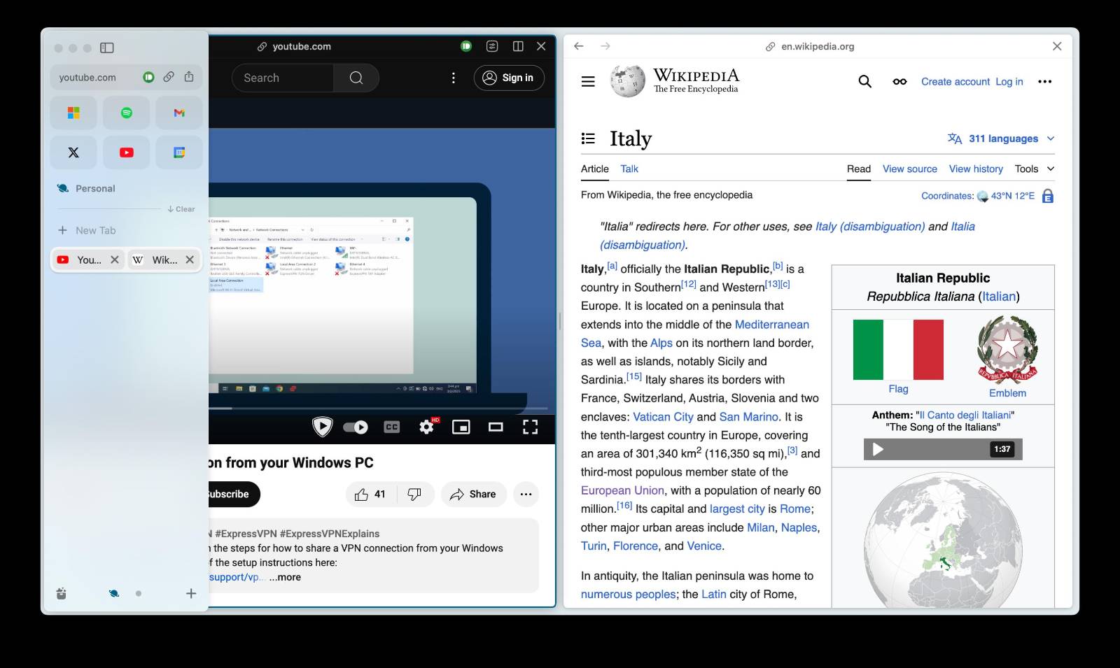 Demonstration of Arc browsers split-screen functionality.