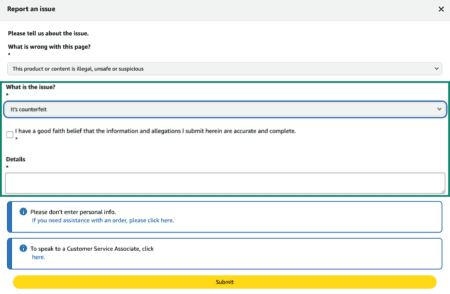 A visual guide detailing the required fields for reporting a website to Amazon.