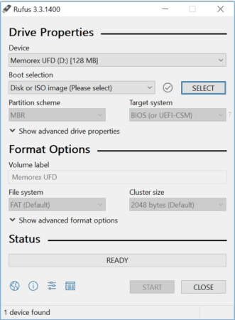 Rufus interface show boot device (USB).