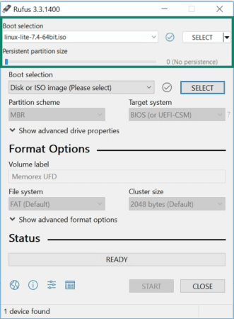Rufus interface showing the select button with the Linux Lite ISO file visible.