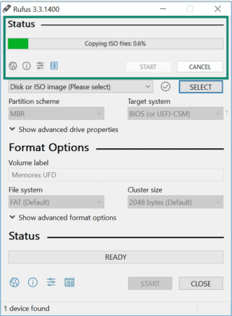 Rufus interface showing ISO file being downloaded.