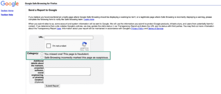 Google Safe Browsing page with category field highlighted.