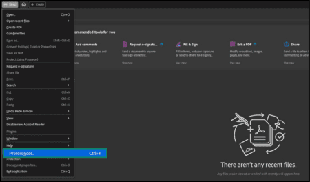 Image of Adobe Acrobat screen showing Preferences.