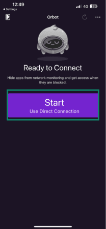 The Orbot app page, showing the Start button to set up a direct connection.