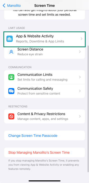 App & Website Activity toggle enabled in Screen Time settings